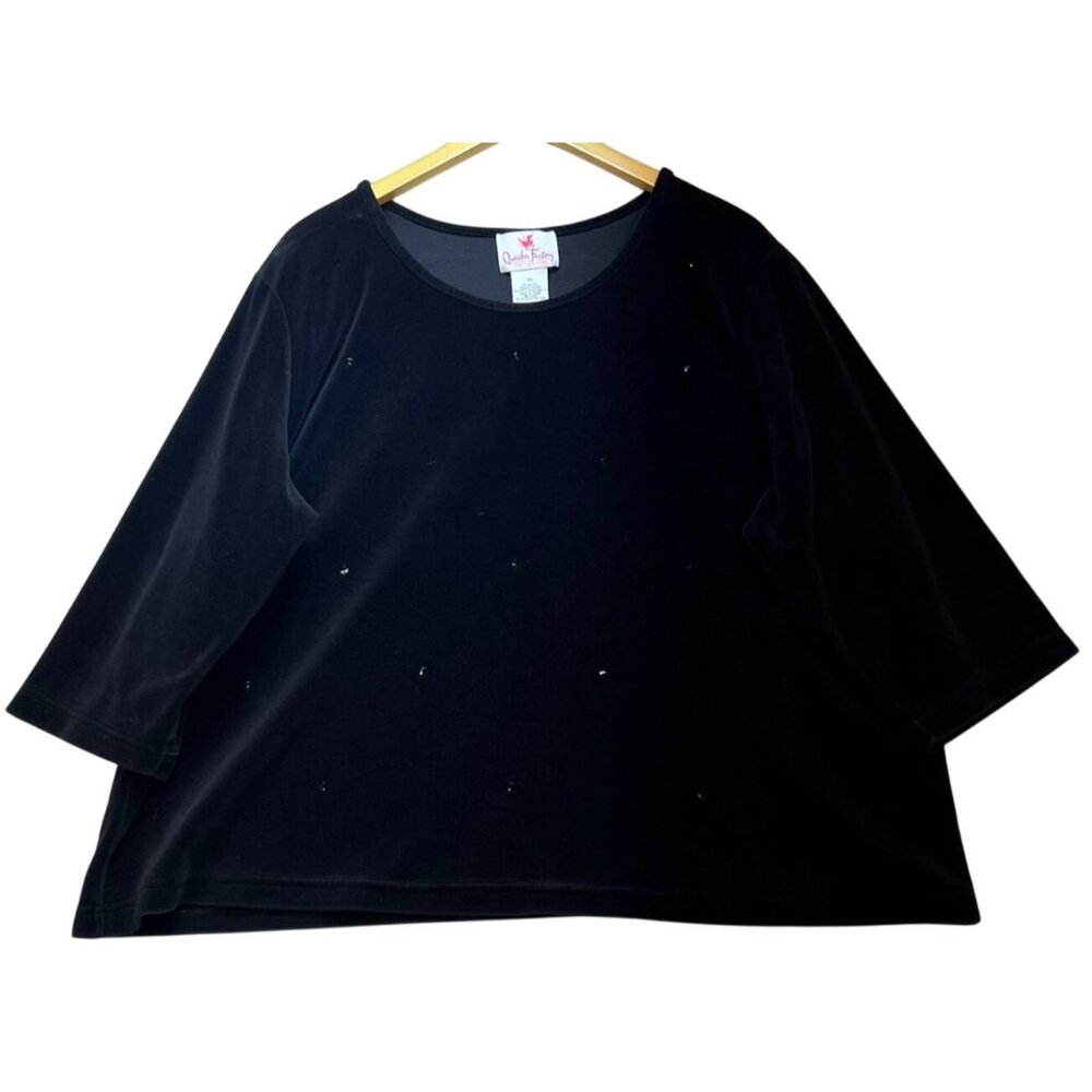 Quacker Factory Womens Embellished Crew Neck Velvet Top 3/4 Sleeve Size 3X Black